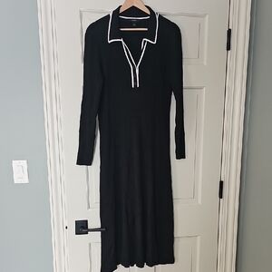 Halogen Black Maxi Polo-Style Knit Dress with White Trim